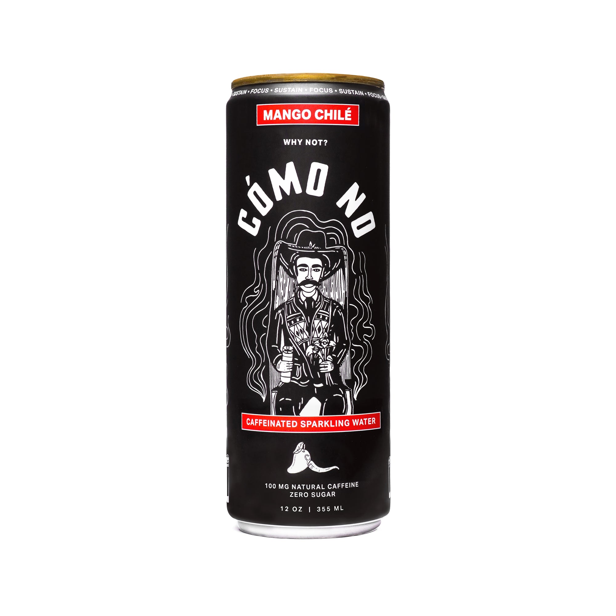 12 Pack Mango Chile - Black can of caffeinated sparkling water featuring skeletal cowboy illustration with wavy hair design
