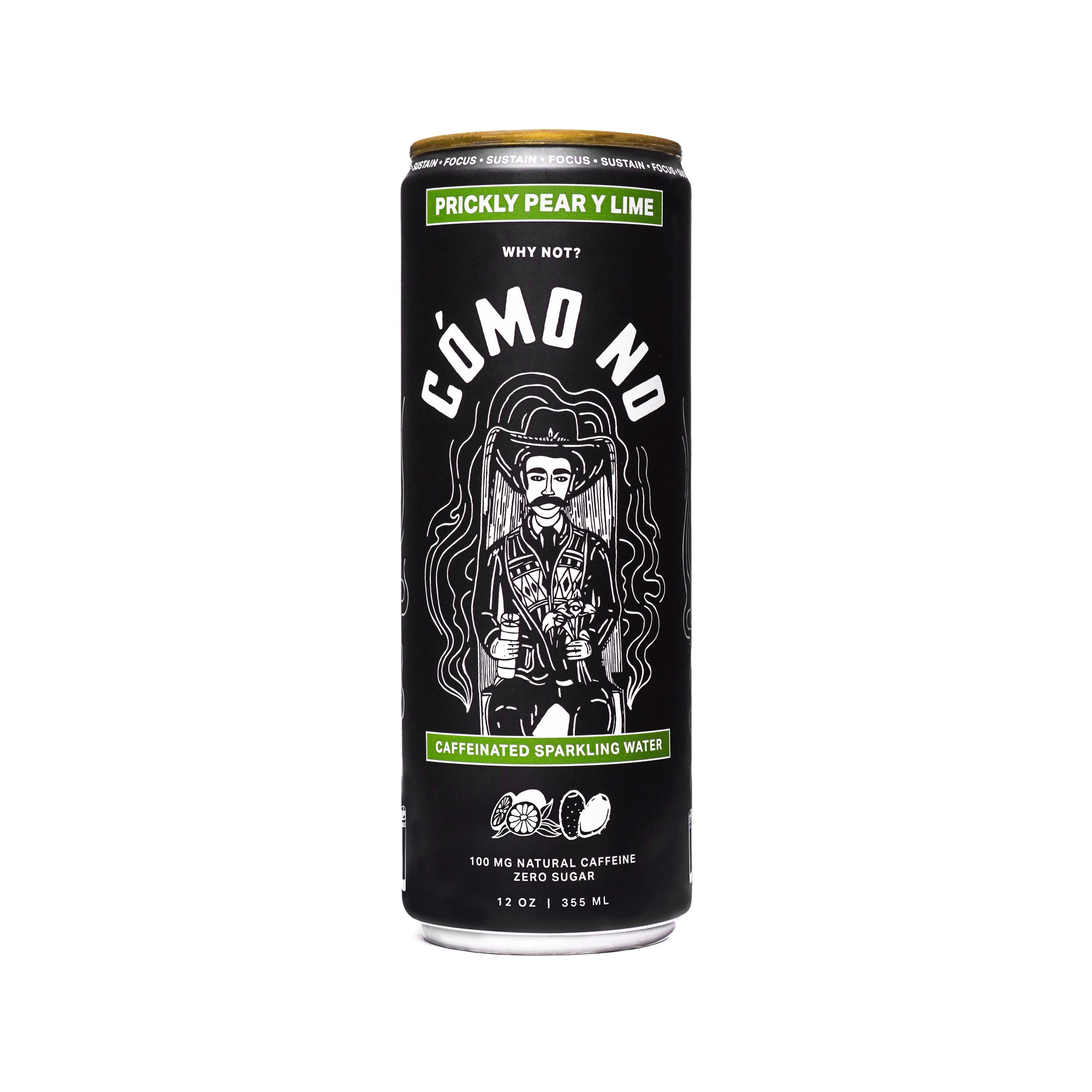 12 Pack Prickly Pear y Lime caffeinated sparkling water can featuring black design with Mexican folk art character illustration