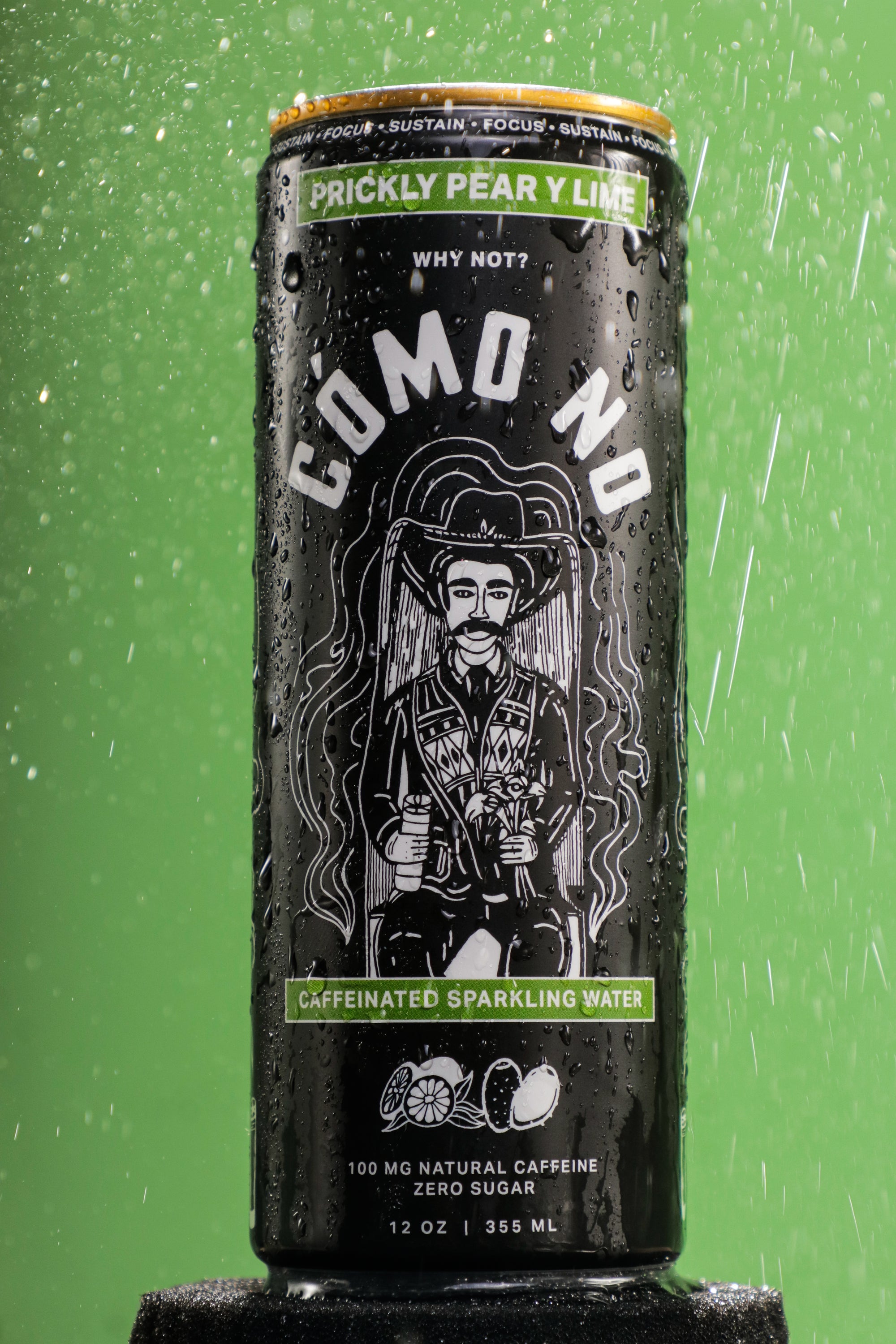 12 Pack Prickly Pear y Lime Como No energy drink can with artistic design on green background with water droplets