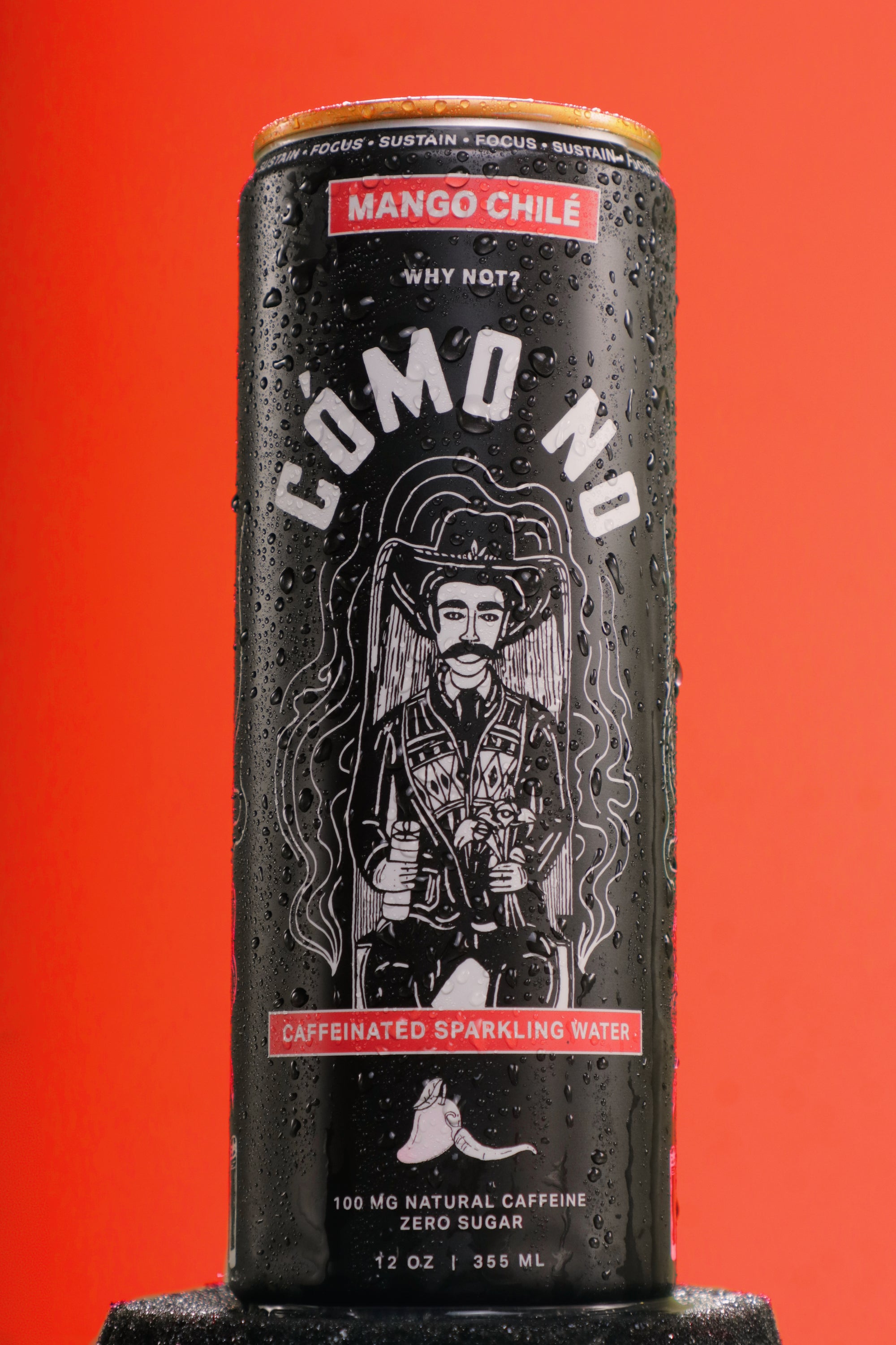 12 Pack Mango Chile Como No sparkling water can with condensation drops against red background