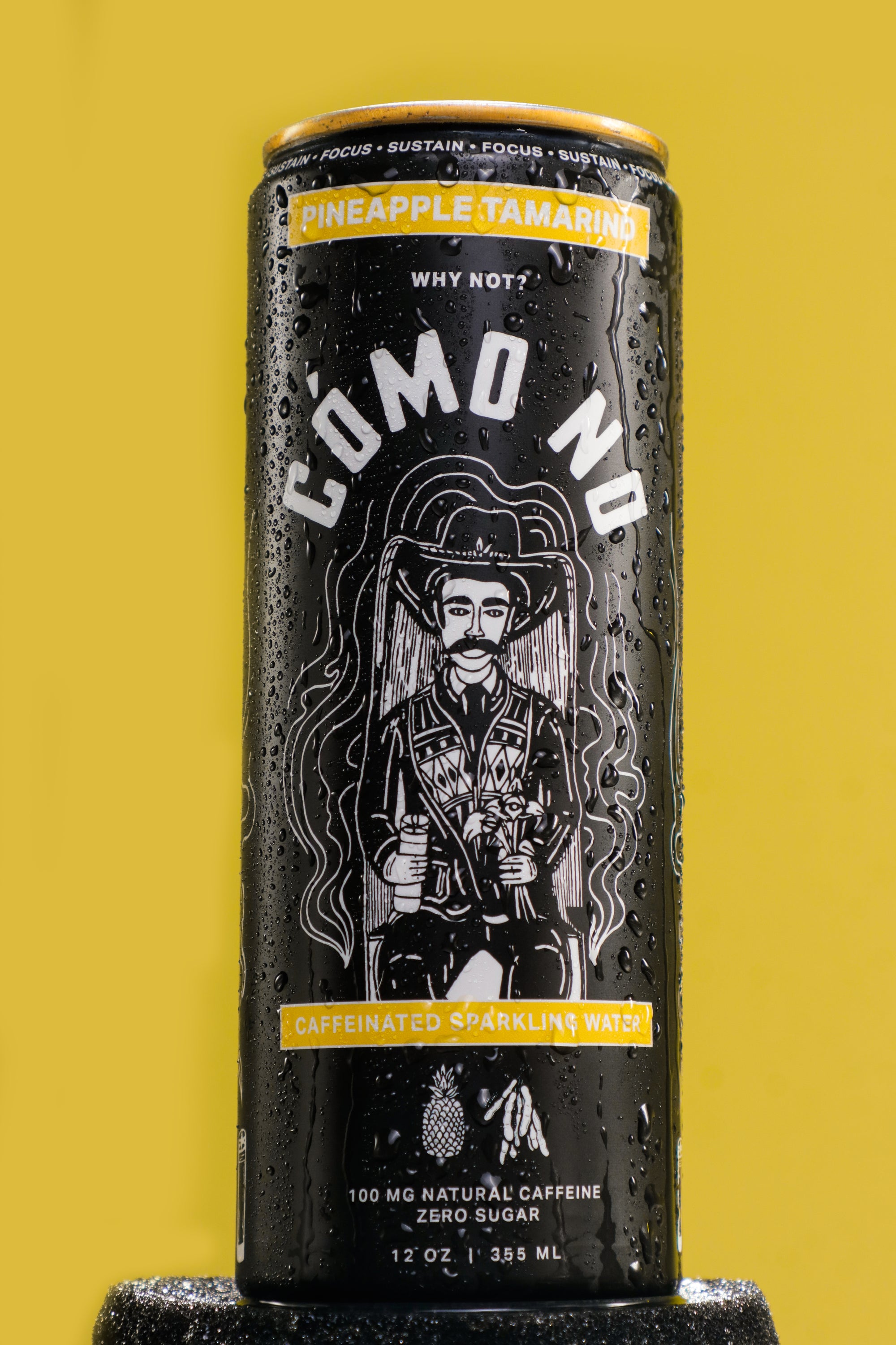 12 Pack Pineapple Tamarind Como No caffeinated sparkling water can with illustrated design on black background