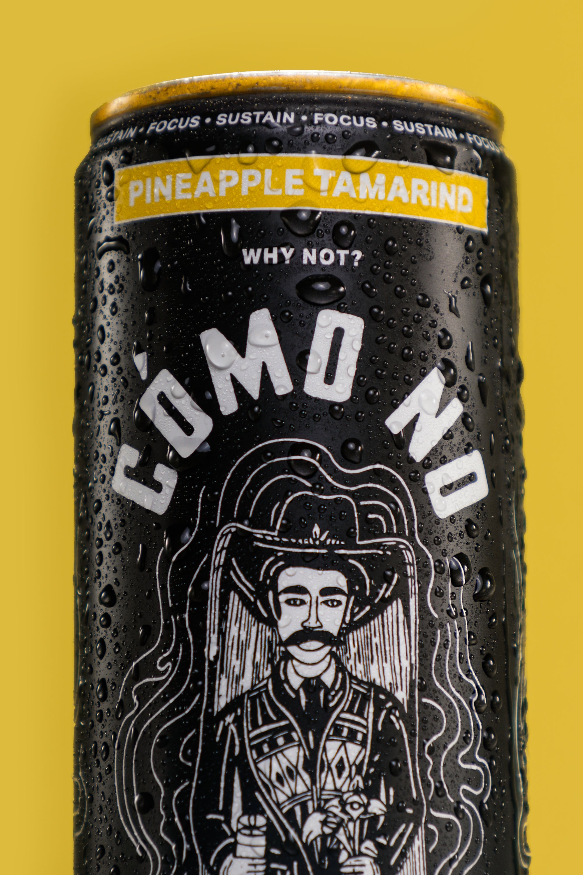 12 Pack Pineapple Tamarind Como energy drink can with illustrated cowboy design on black background with water droplets