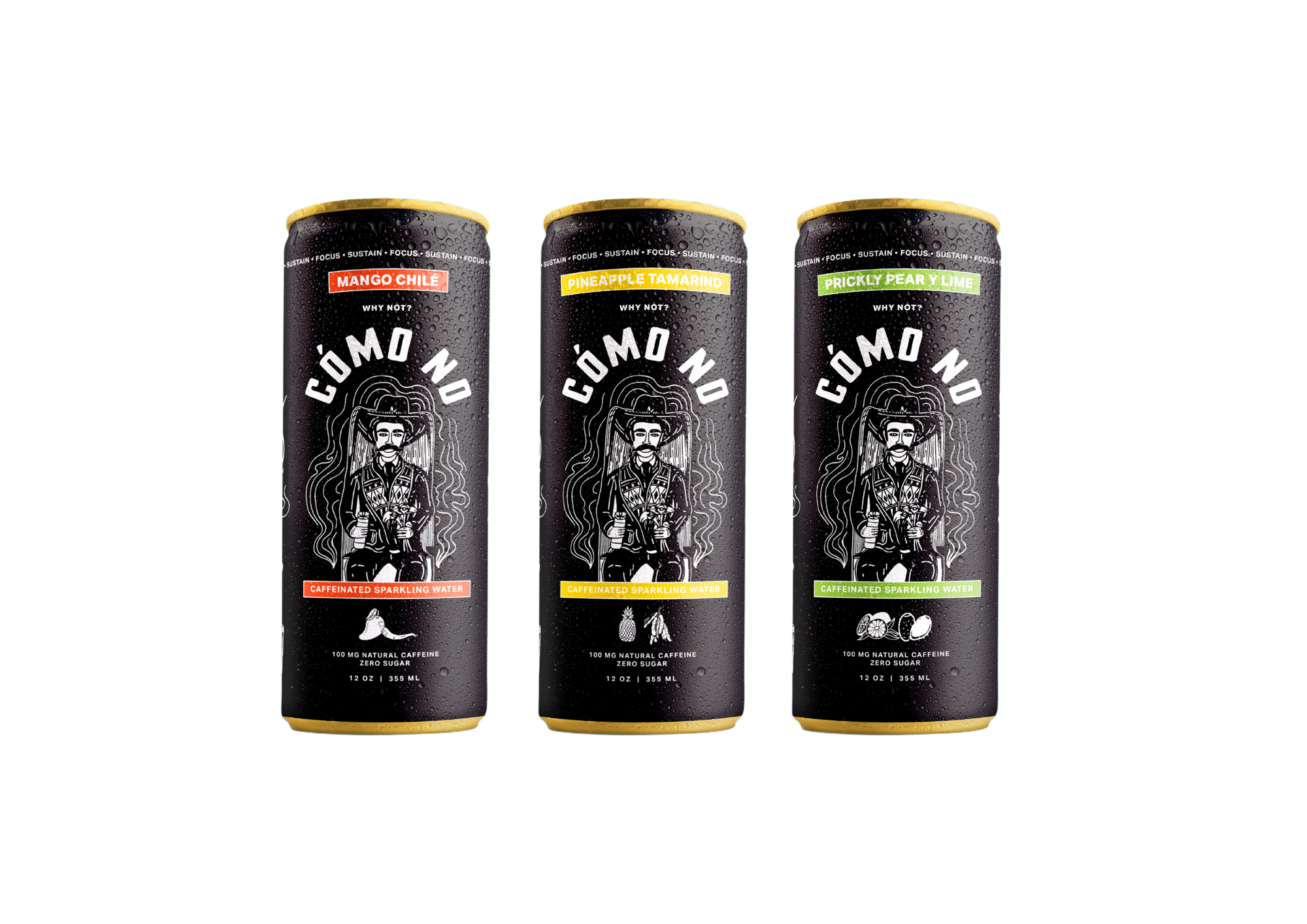 Three cans of Cómo No. One is clear and shows prickly pear y lime flavor, the other two cans are blurred our because the flavors have not been released yet.