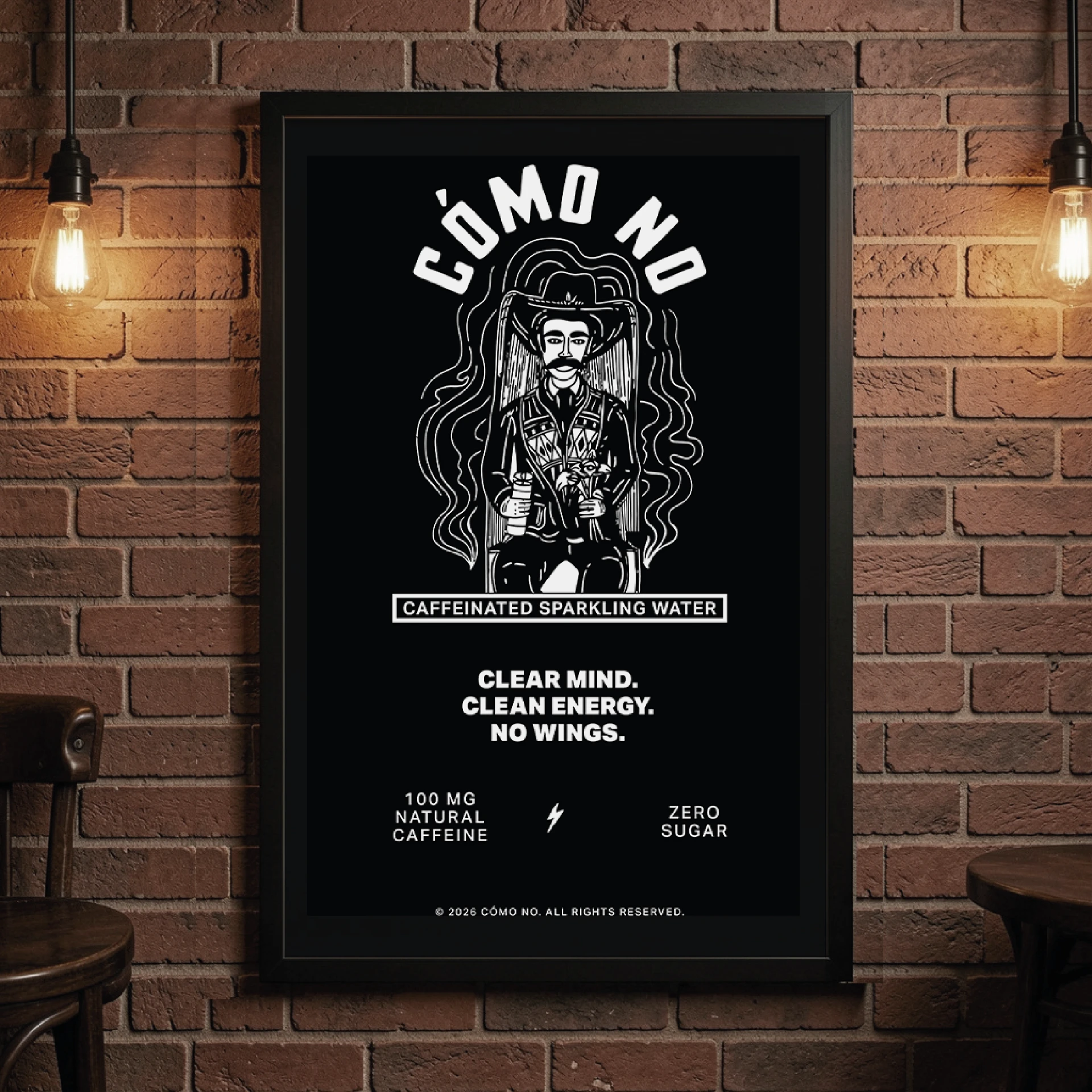 Framed Cómo No man poster mockup on a brick wall